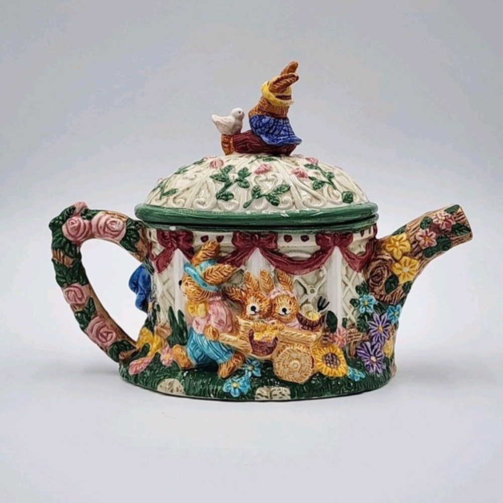 Vintage Mercuries Bunny Rabbit Garden Party Tea Pot Only Ceramic 1998 Colorful